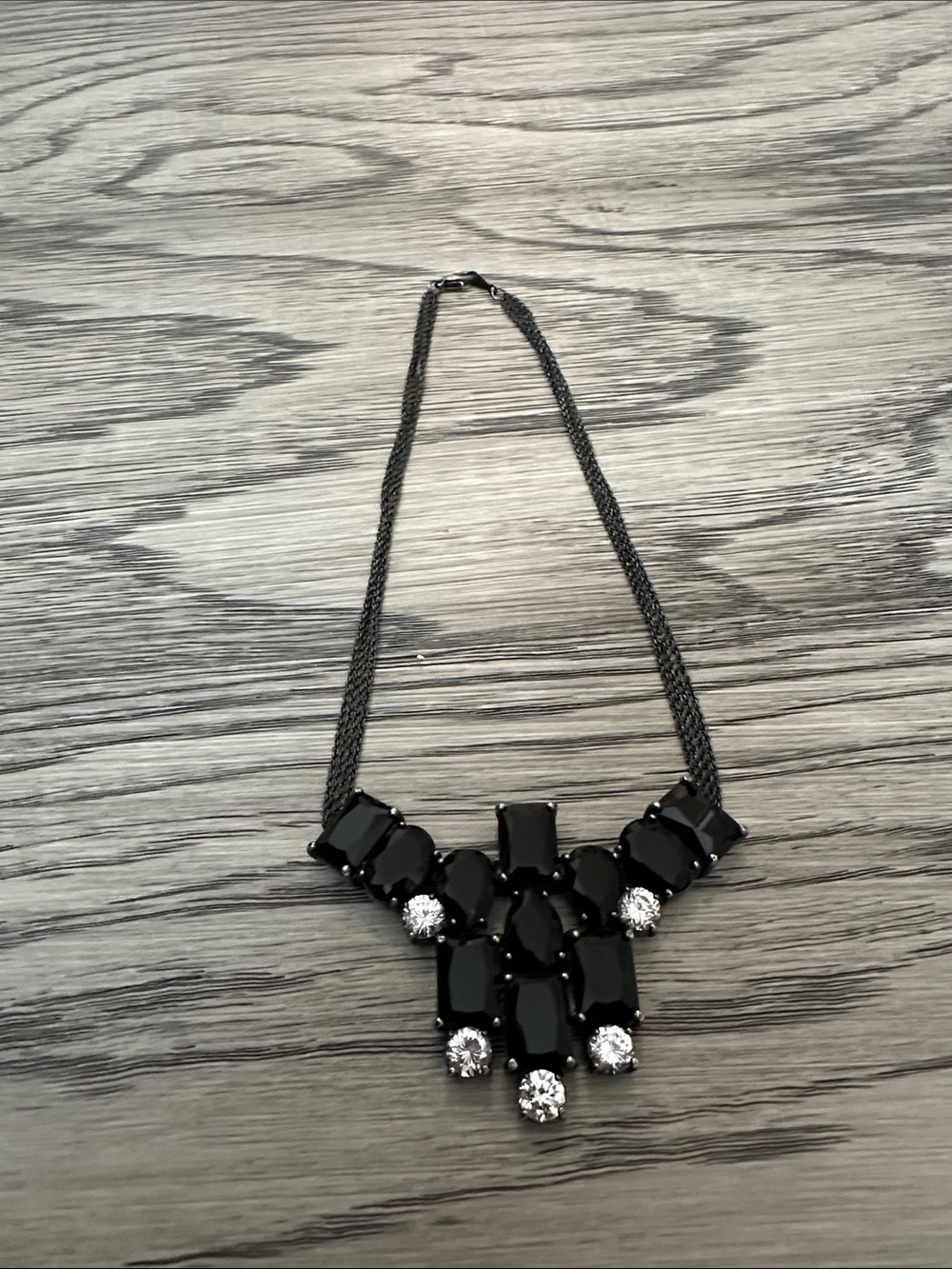 Black Statement Bib Necklace with Clear Accent Stones
